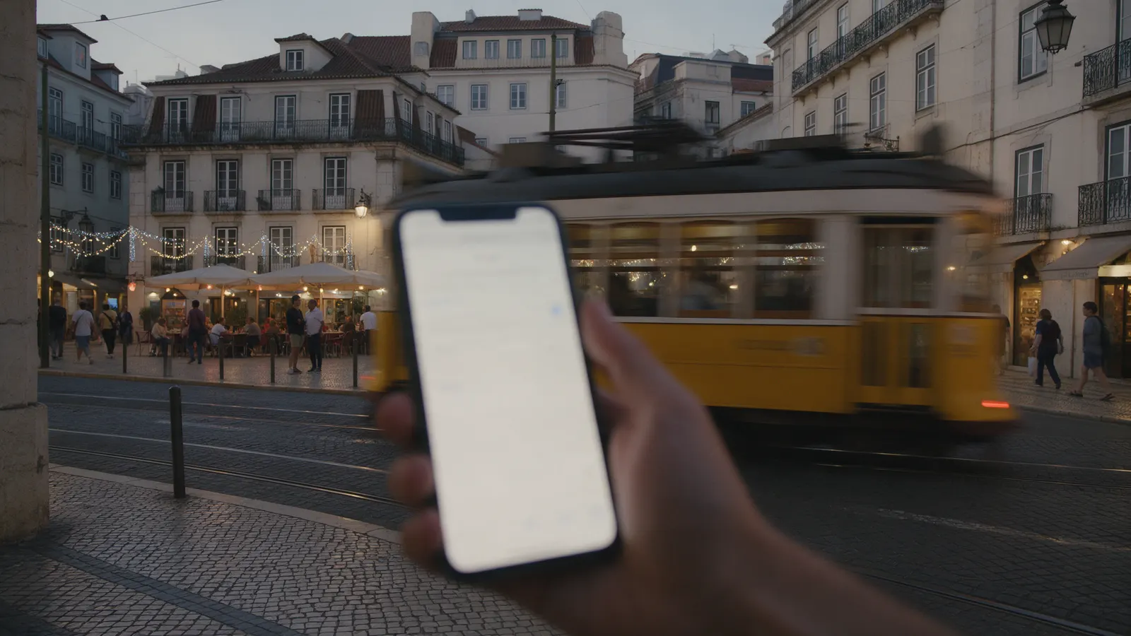 Mão a segurar um telemóvel numa rua de Lisboa ao fim da tarde, com um elétrico amarelo a passar, a pesquisar no Google