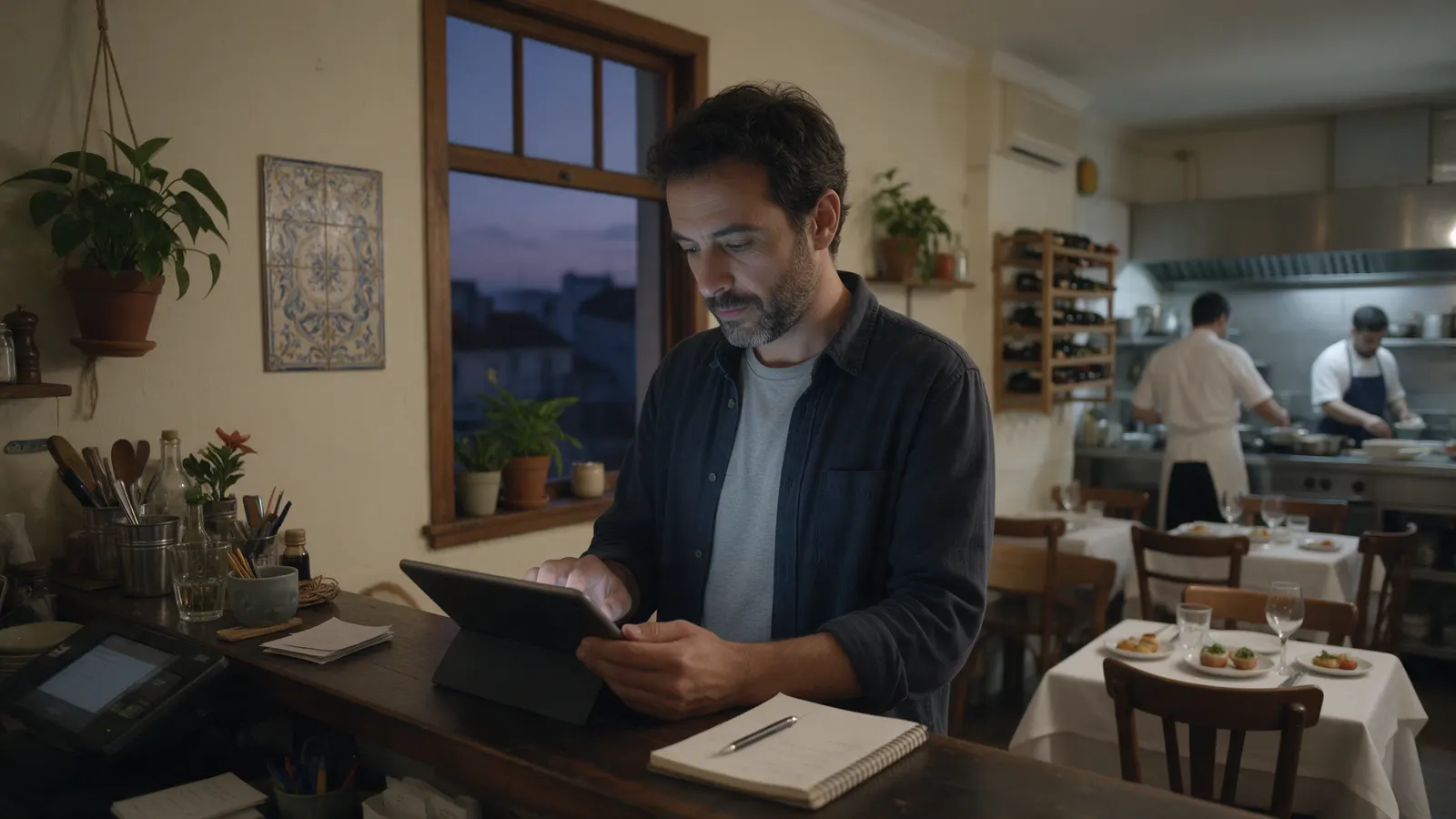 Dono de restaurante em Lisboa a ver as novas reservas num tablet ao balcão, ao fim do dia