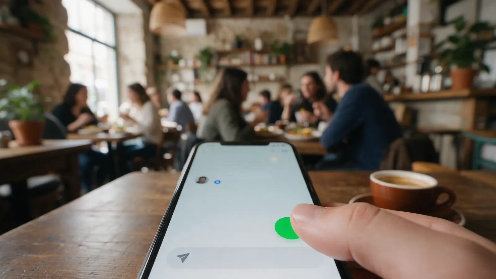 Polegar prestes a tocar num botão verde de conversa no ecrã de um telemóvel, num café movimentado em Lisboa