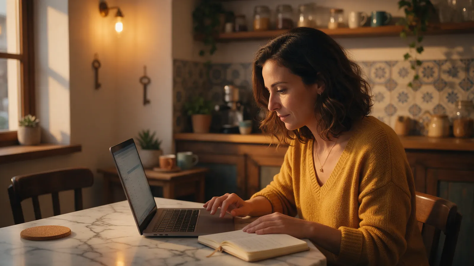 Dona de um café em Lisboa ao fim do dia a fazer as contas do orçamento mensal dos anúncios num portátil e num caderno