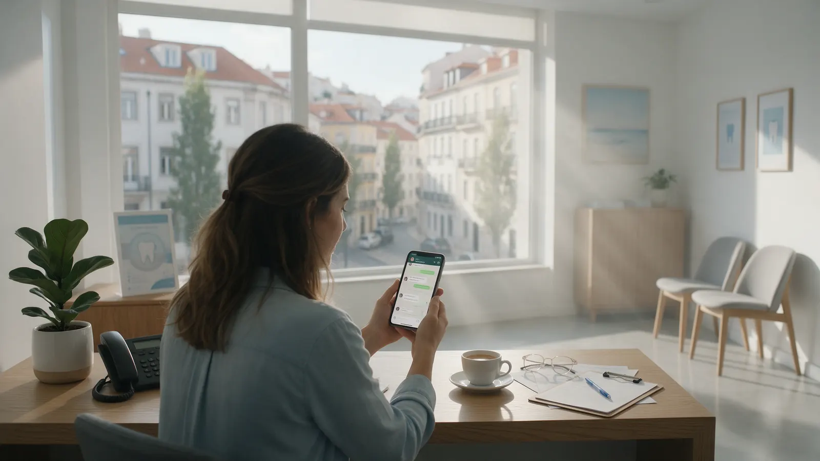Rececionista de uma clínica dentária em Lisboa a responder a uma marcação pelo WhatsApp no telemóvel, ao balcão