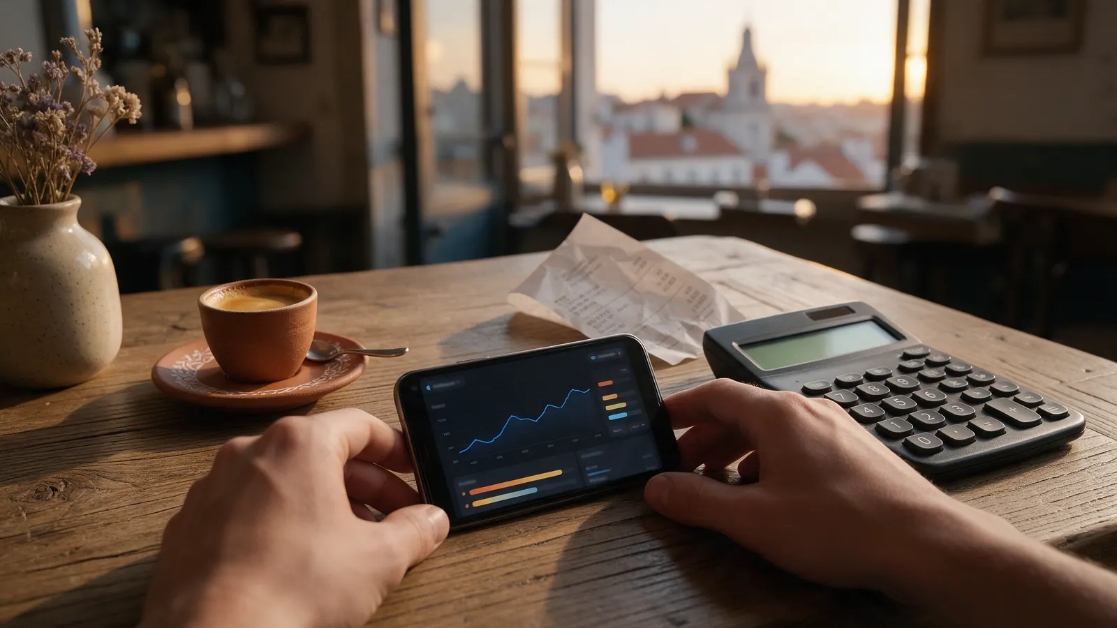 Mãos numa mesa de café em Lisboa com um telemóvel a mostrar um gráfico de anúncios, uma calculadora, um recibo e um café