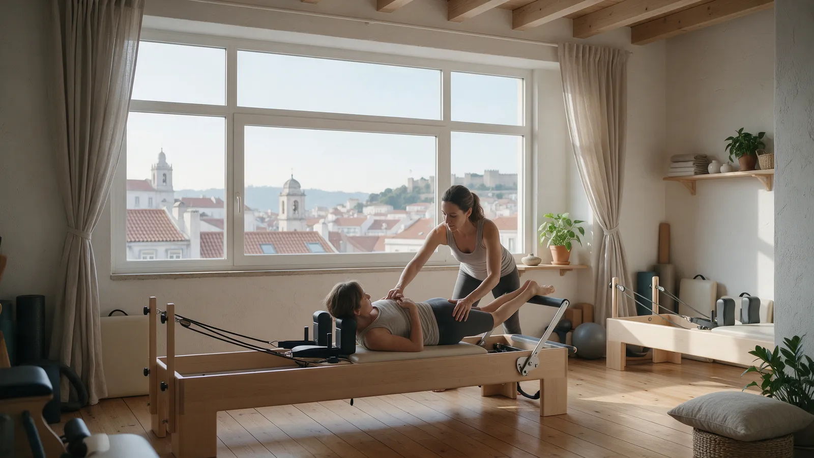Instructor guiding a client on a reformer in a bright pilates studio overlooking Lisbon rooftops