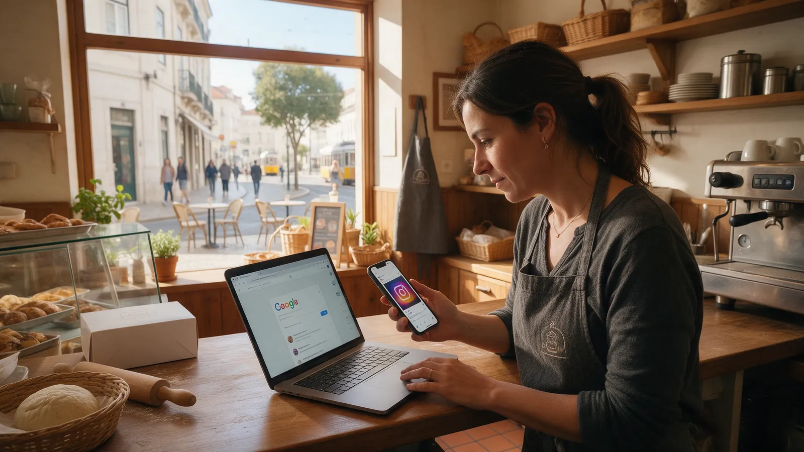 Bakery owner in Lisbon at the counter comparing Google search on a laptop with Instagram on her phone