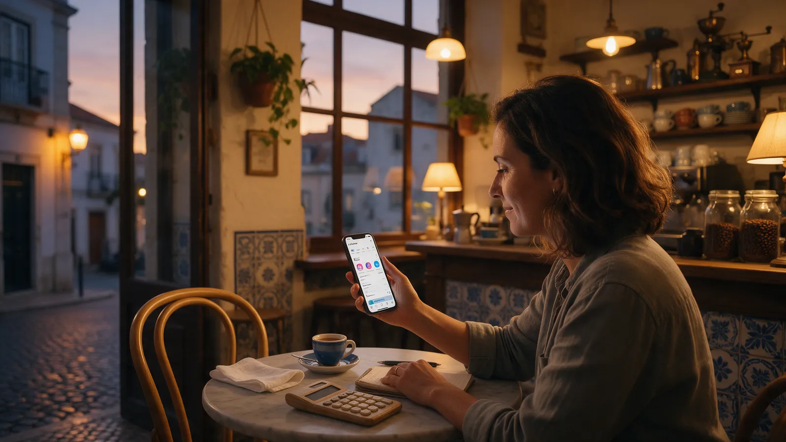 Dueña de una cafetería en Lisboa al atardecer mirando los resultados de los anuncios de Instagram en el móvil, con una calculadora en la mesa